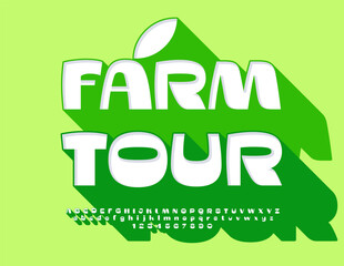 Vector healthy sign Farm Tours. Trendy Font with Big Green Shadow. Bright 3D Alphabet Letters and Numbers set.