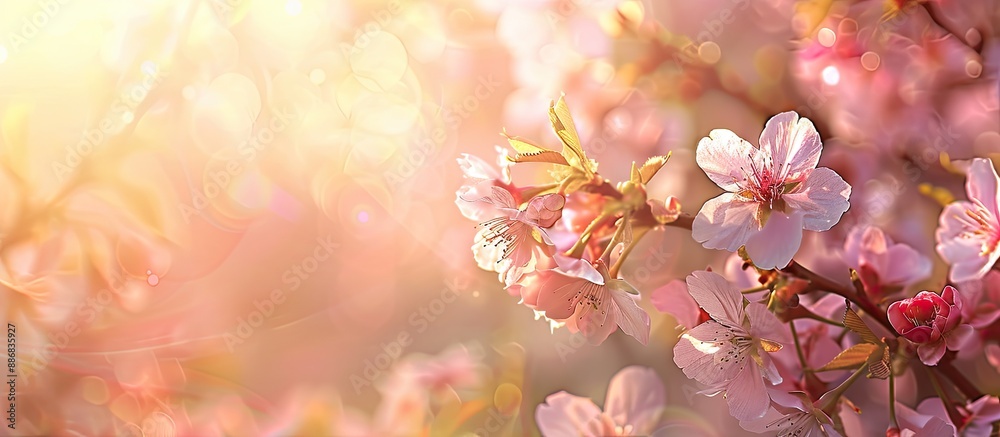 Poster capture the beauty of spring with a macro image of blooming japanese cherry branches against a sunny