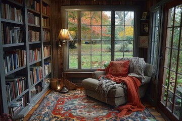 Cozy Reading Nook A small reading nook with a comfortable armchair, a floor lamp, and built-in bookshelves. Add a soft throw blanket and a view of the garden.