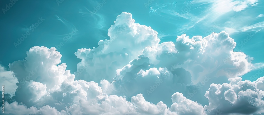 Poster the expansive blue sky adorned with fluffy white clouds, providing a serene backdrop for copy space 
