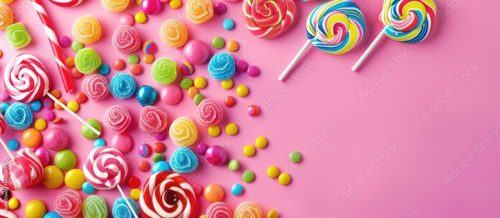 Poster top view image of colorful candies and lollipops on a pink background with ample copy space.