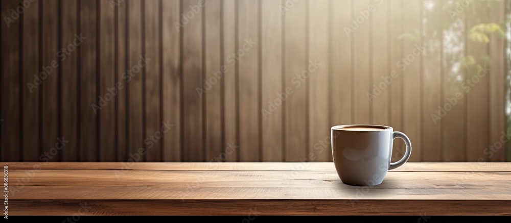 Aufkleber A single cup of coffee on a wooden table, positioned close to a window with empty space for an image.