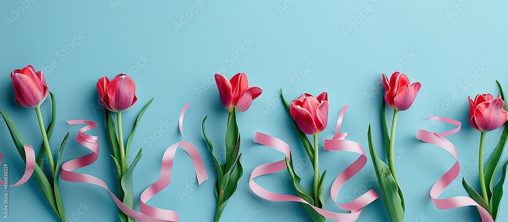 Aufkleber tulips and ribbons arranged on a blue backdrop, providing a visually appealing composition with copy
