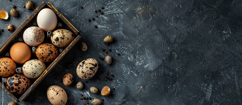 Poster A box with chicken and quail eggs placed on a dark background, with ample copy space image incorporated.