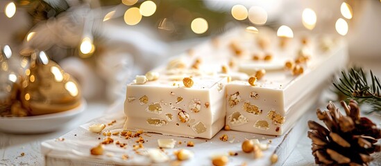 Traditional Spanish Christmas treat, soft egg turron; ideal for festive occasions with a white copy space image.