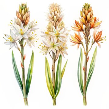 Watercolor Illustration of Three White and Orange Asphodel Flowers, Watercolor Painting, Botanical Art, Asphodel, Flower