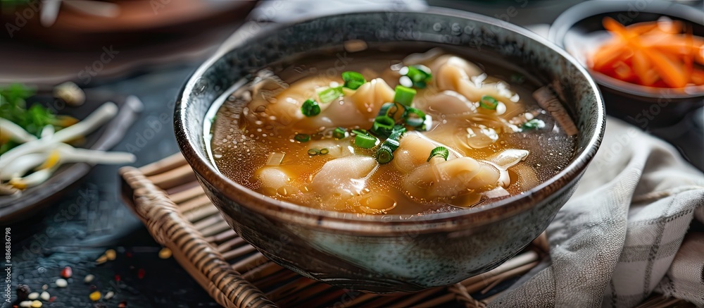 Aufkleber Close-up view of a delicious bowl of dumplings in broth on a table with copy space image available.
