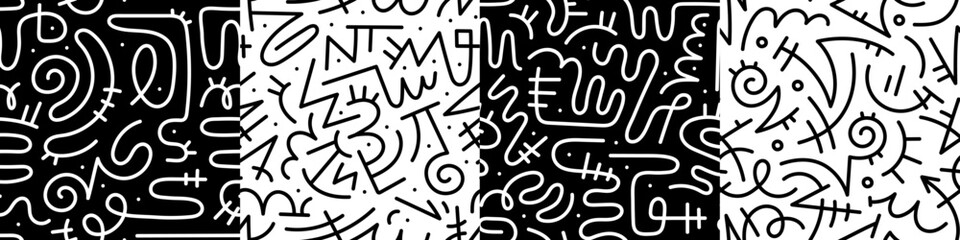 Fun black and white line doodle seamless pattern set. Creative abstract squiggle style drawing background for children or trendy design with basic shapes. Simple childish scribble wallpaper print.