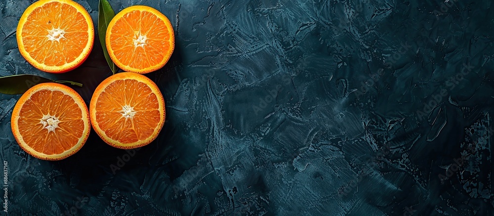 Aufkleber top view of fresh, ripe oranges on a dark background with copy space image.