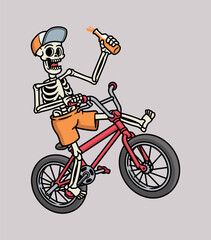 Naklejka premium skull riding bicycle with beer illustration