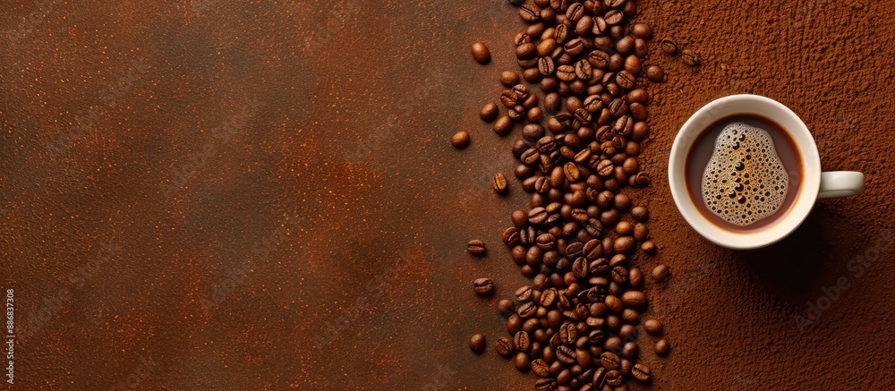 Fototapete coffee cup and beans in a top-down view with ample copy space image for text.