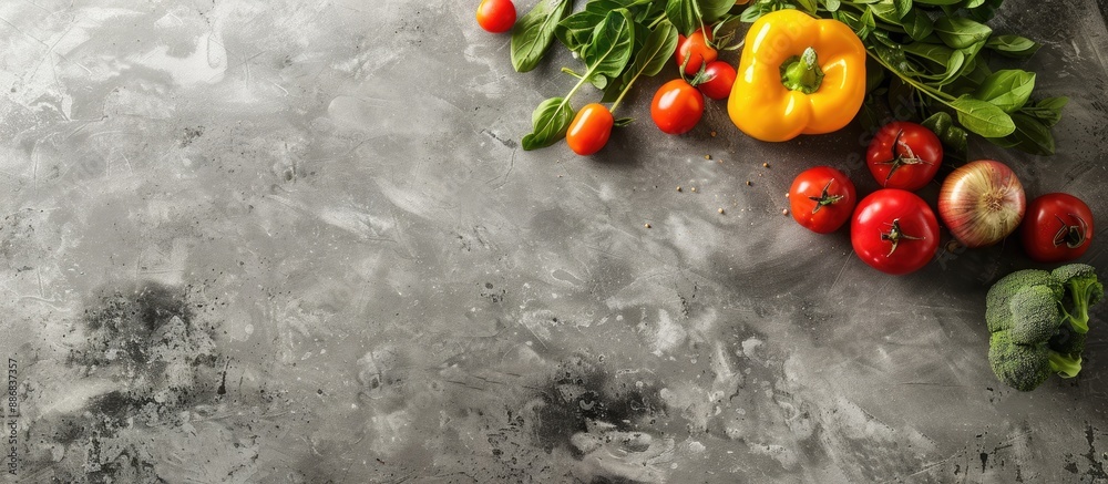 Poster Fresh vegetables displayed on a concrete surface with empty space for text or images in the background.