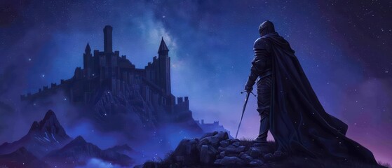 A wolf dressed as a knight is standing guard over a supernatural castle under a starry sky