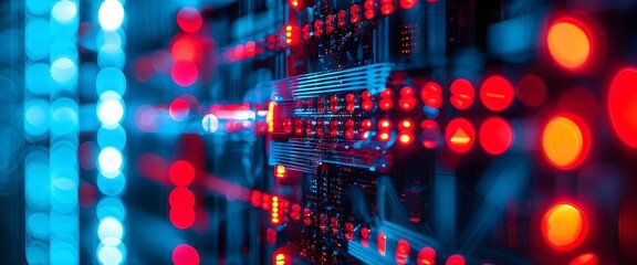 Abstract close-up of data server, red and blue lights, technology background, cybersecurity theme. Generative AI