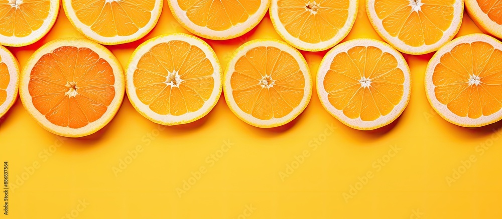 Aufkleber Top view of a creative pop art design featuring fresh orange slices on a yellow backdrop with copy space image. Displaying half a citrus fruit in a minimal flat lay style, embodying a vibrant summer