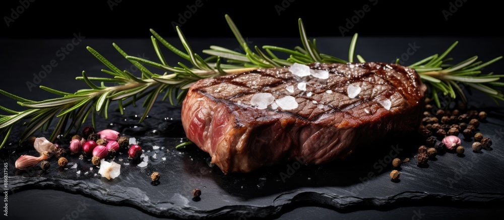 Aufkleber a ribeye beef steak adorned with rosemary and marinated onion on a sleek black stone table, perfect 