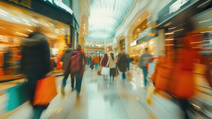 motion blur of people with shopping bags in a busy shopping mall. retail sale and discount, shopping concept
