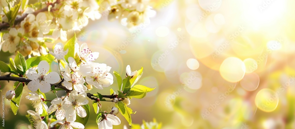 Poster spring background featuring selective focus on branches of blooming fruit trees with copy space imag