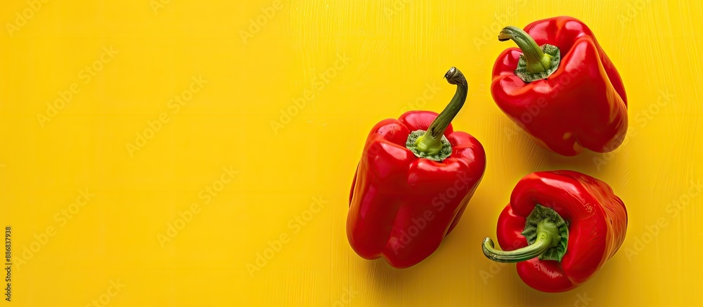 Poster ugly food on a yellow backdrop includes two ripe red bell peppers in the photo with copy space image