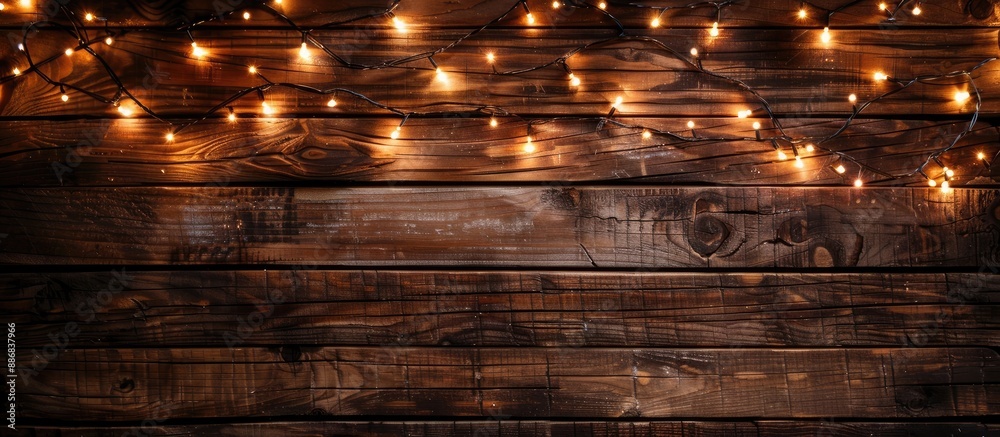 Poster wooden background illuminated by christmas lights creating a cozy ambiance, suitable for a copy spac