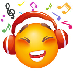 Emoji with headphones listening music. Emoticon on white background. Emoji for party, celebration, invitation, postcard, print, graphic design elements. Cute emoticon