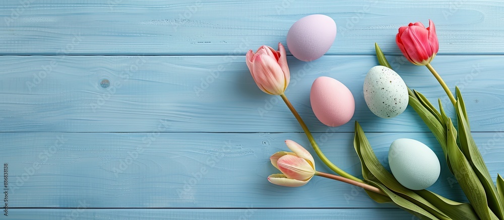 Poster top view of colorful pastel easter eggs with a tulip bouquet on a light blue wooden surface in a sim
