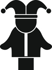 Simple black and white silhouette of a jester wearing a classic hat with bells