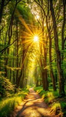 sun rays through the forest , pathway , 9:16 aspect ratio , phone wallpaper 