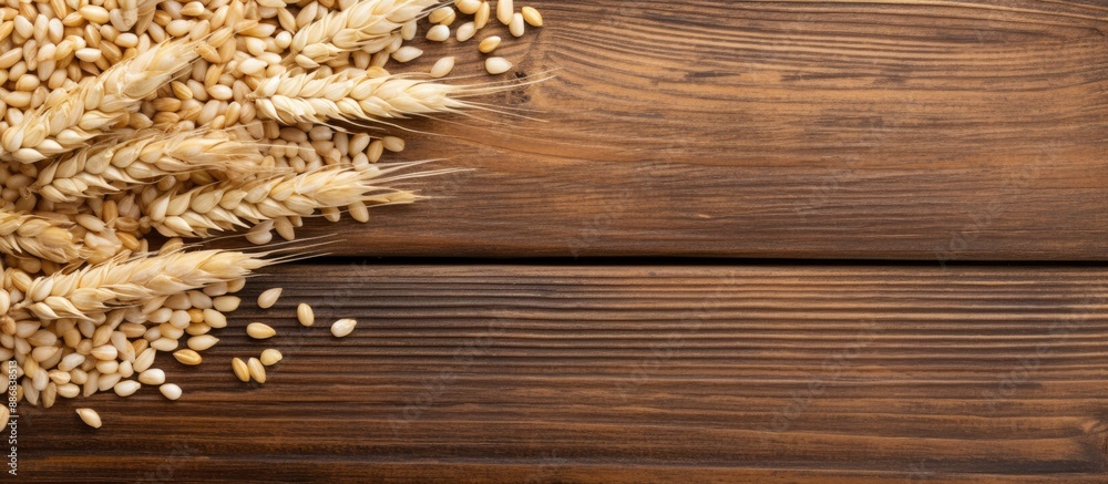Poster pearl barley grain set against a rustic wooden backdrop with copy space image.
