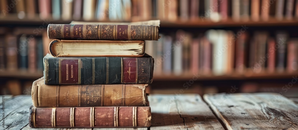 Poster Books neatly stacked in a library setting with ample copy space image available for use.