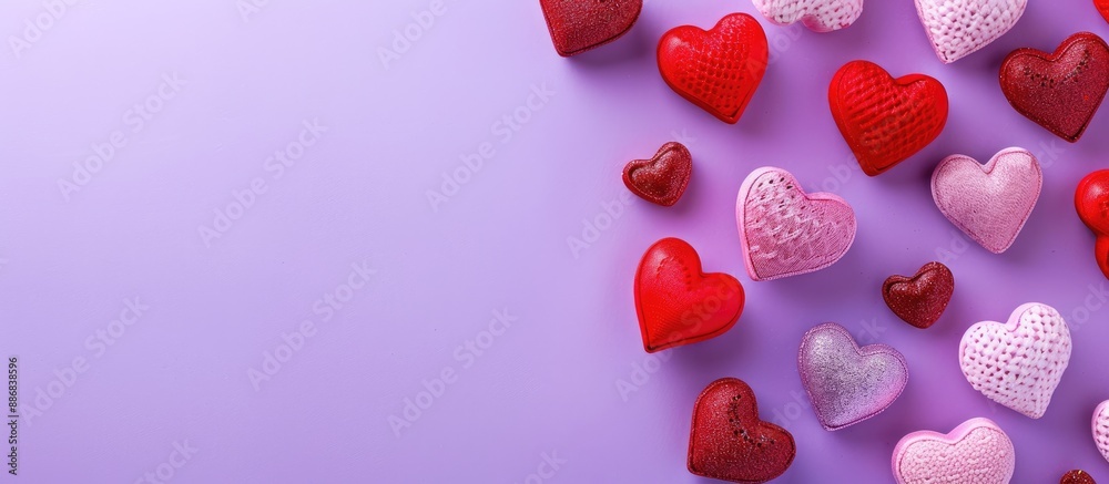 Poster top view of red and pink hearts on a purple background for valentine's day, with a flat lay style an