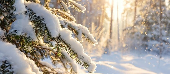 Close-up image showcasing beautiful snow-covered spruce branches on a sunny day in a winter forest landscape in Finnish nature, ideal for a copy space image.