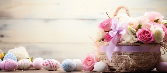 Easter holiday concept featuring Easter eggs in a basket and rope, adorned with paper flowers on a wooden background with copy space image.