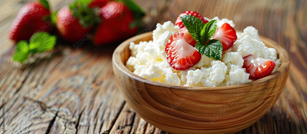 Poster selective focus image of cottage cheese with preserved strawberries in a wooden bowl on an oak table
