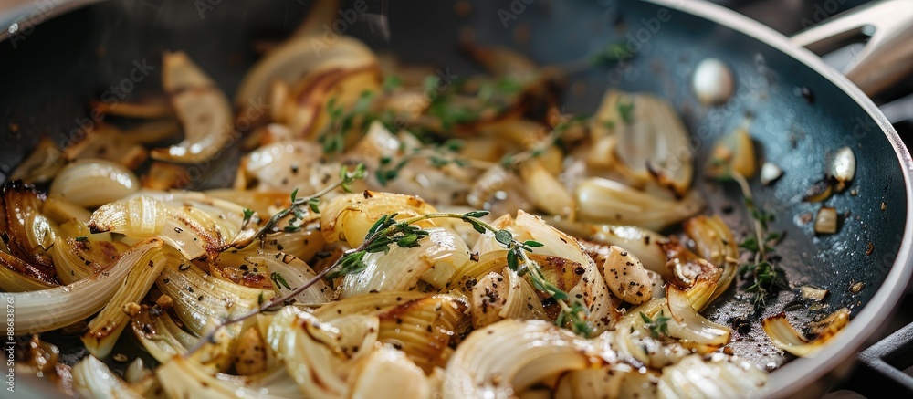 Wall mural fried organic fennel, garlic, and thyme in a pan with a delicious aroma.