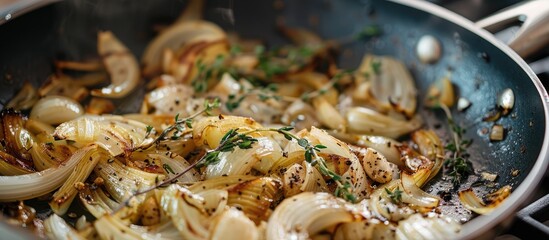 Fried organic fennel, garlic, and thyme in a pan with a delicious aroma.