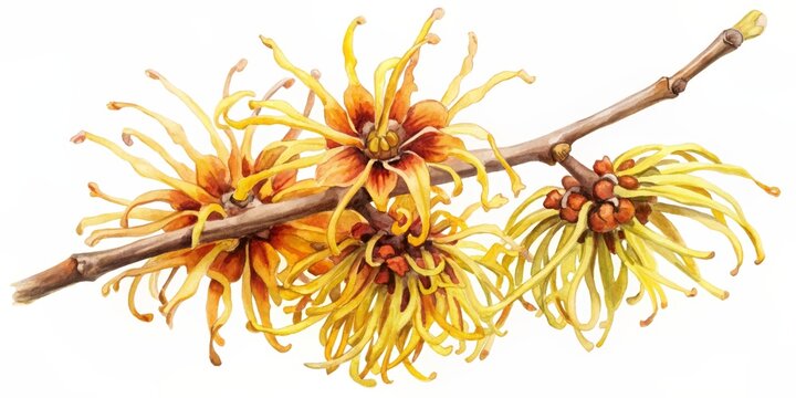 Witch Hazel Branch Watercolor Painting, Watercolor, Witch Hazel, Spring, Flower