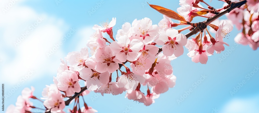 Poster cherry blossoms on a sakura tree blooming against a blue sky with a close-up view and space for text