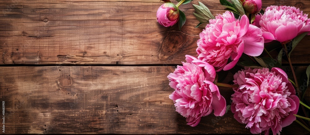 Aufkleber Beautiful bright pink peonies set against a charming wooden background, creating an elegant composition with copy space image.