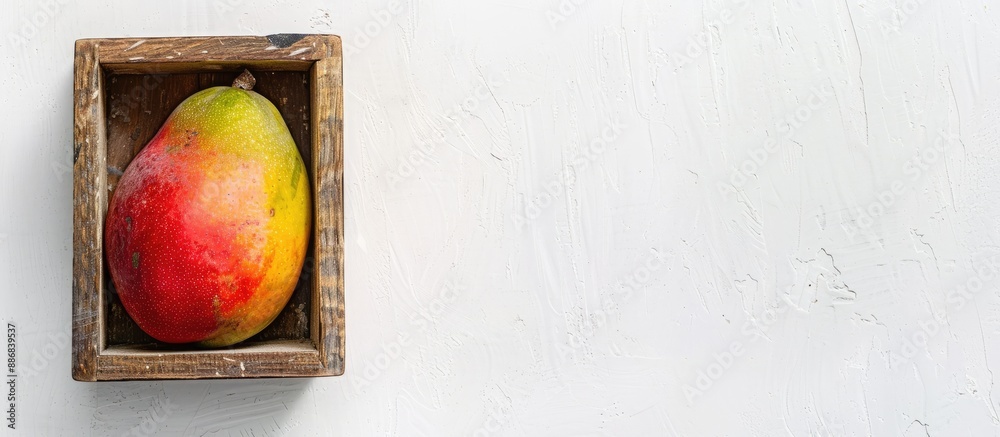 Poster top-down view of a ripe mango in a wooden box placed on a white backdrop, presenting ample copy spac