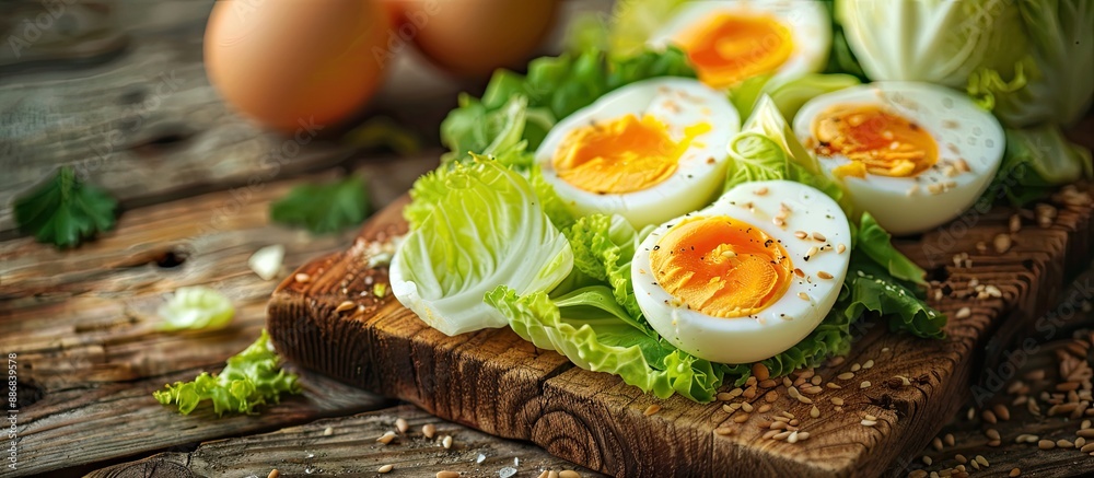 Poster peking cabbage and boiled eggs arranged on a cutting board for a fresh salad. the setting is eco-fri