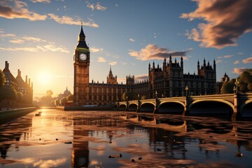 Naklejka premium A digital illustration of Big Ben with a moon behind her., generative IA