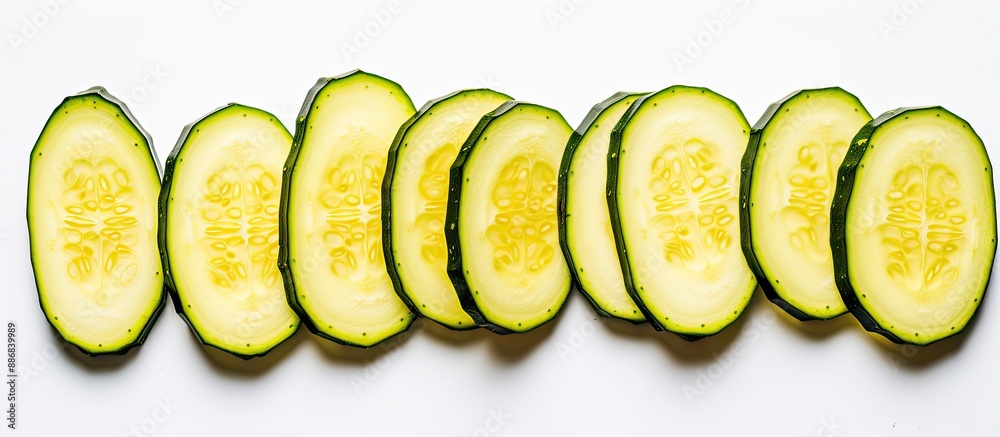 Poster Top view of freshly sliced zucchini on a white background with ample copy space image for text.