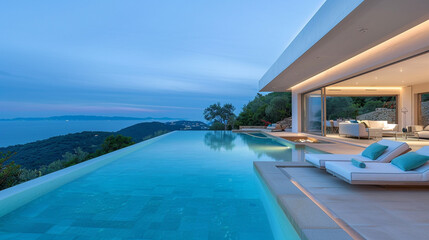 Fototapeta premium Stylish villa with panoramic views and an infinity edge pool.