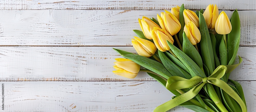 Poster spring-themed bouquet of yellow tulips with a green ribbon, displayed in a close-up portrait on a wh