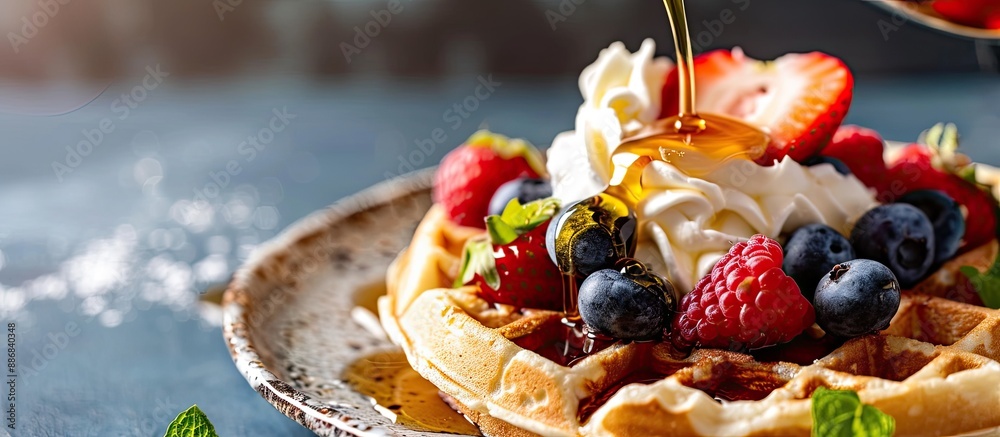 Poster close-up image of pouring maple syrup onto waffle with fruit and whipped cream, providing copy space