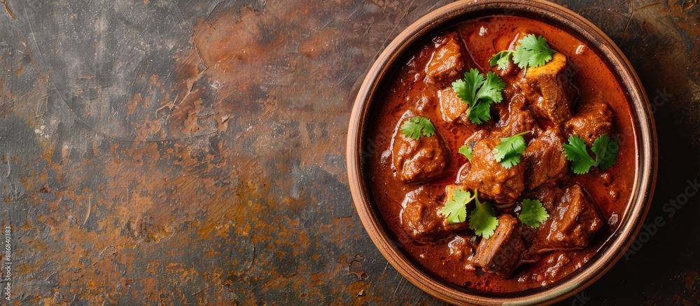Poster indian-style lamb curry in a bowl with copy space image on a table.