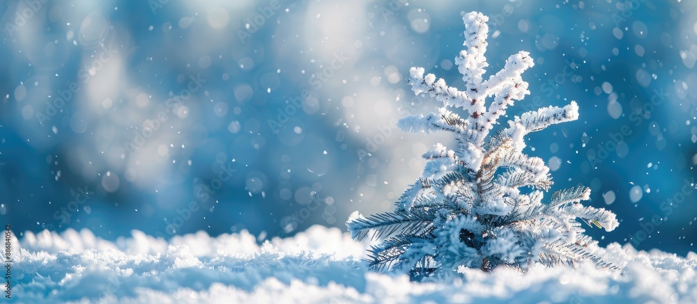 Poster a small pine tree covered in fresh snow against a blurred blue background, ideal for a merry christm