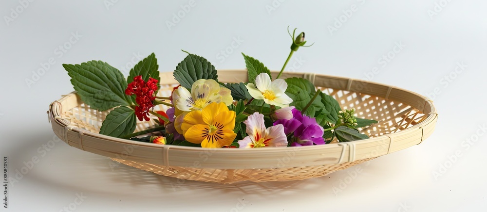 Poster perilla flowers displayed on a bamboo colander, perfect as a sashimi garnish in a copy space image.