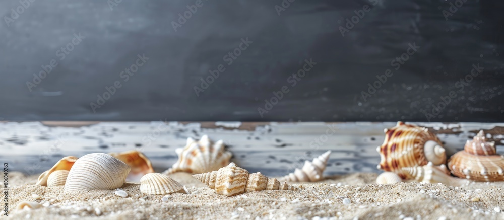 Poster a beach-themed setting including seashells on sandy surface with a blackboard in the background for 